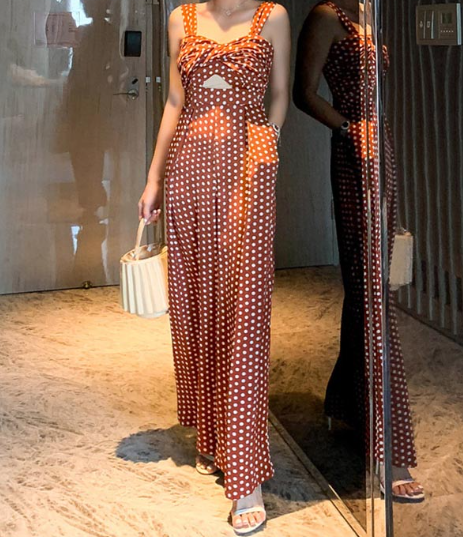 French retro dot print cut out jumpsuits