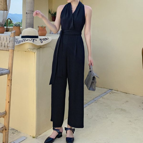 Black halter neck sleeveless jumpsuits
